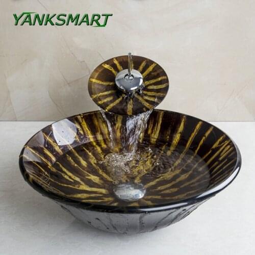 YANKSMART Bathroom Round Tempered Glass Washbasin Counter Top & Chrome Waterfall Basin Faucet Combo Set Mixer Tap With Drain