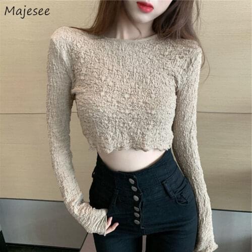 Long Sleeve T-shirts Women Pure Color Folds Slim Harajuku Crop Top Female Simple Spring Sexy Retro Leisure Trendy Basic Clothing