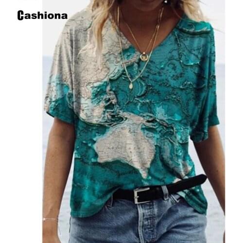 Cashiona 2021 World Map Print Tees Shirt Women V-neck T-shirt Summer New Loose Female Tops Casual Pullovers Plus Size S-3XL