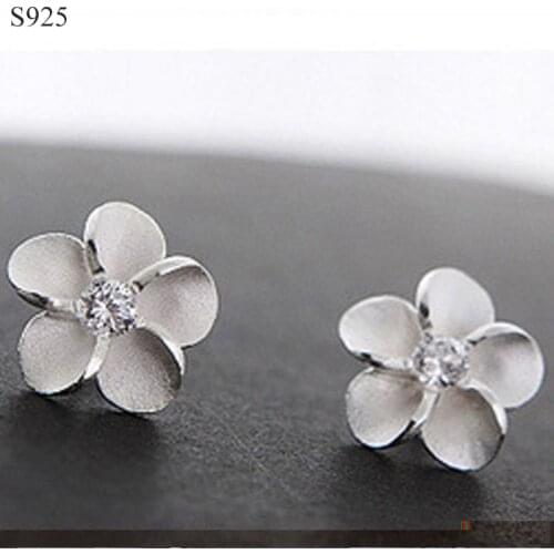 100% Real Pure Genuine 925 Sterling Silver Stud Earrings for Women Fine Jewelry Flower Cubic Zircon Female Earrings Bijoux Gift