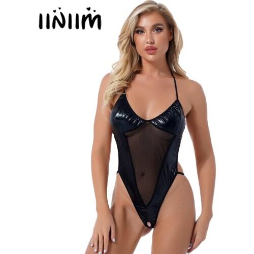 Womens Wetlook Faux Leather Sexy Nightwear Lingerie High Cut Lace-up See-through Mesh Patchwork Crotchless Bodysuit Underwear