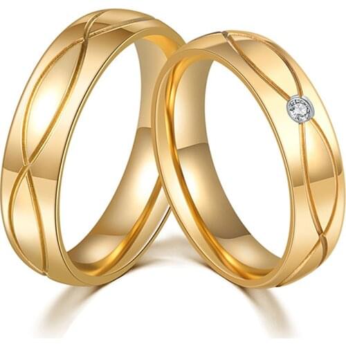 Gold Color CZ Stone Wedding Rings For Lover Stainless Steel Couple Rings Fashion Jewelry for Women and Men