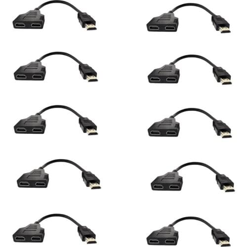 10 PCS HDMI-Compatible Splitter 1 in 2 Out Adapter Cable 1 to 2 Way for HDTV, Support Two TVs At the Same Time