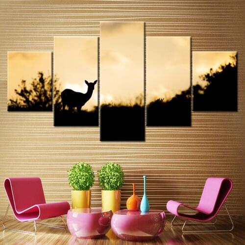 Deer under dusk HD print landscape 5 Piece Wallpapers Art Canvas Print modern Poster Modular art painting Living Room Home Decor