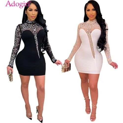 Adogirl 2021 Spring Crystal Diamonds Sheer Mesh Patchwork Party Dress Mock Neck Long Sleeve Bodycon Mini Night Club Dresses