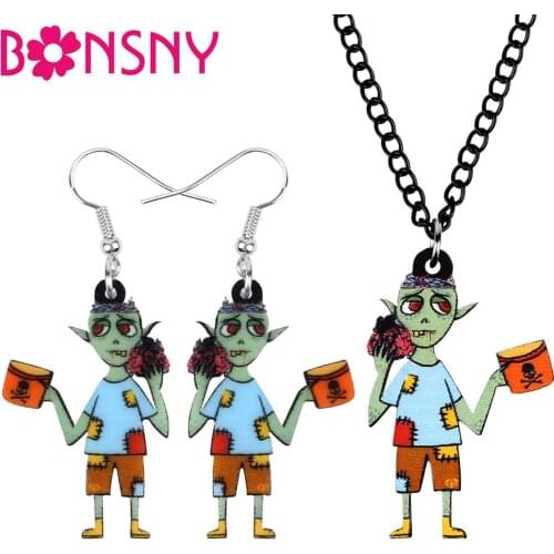 Bonsny Acrylic Halloween Anime Ragged Zombie Jewelry Sets Necklace Earrings For Women Girls Teens Charms Gift Festival Accessory