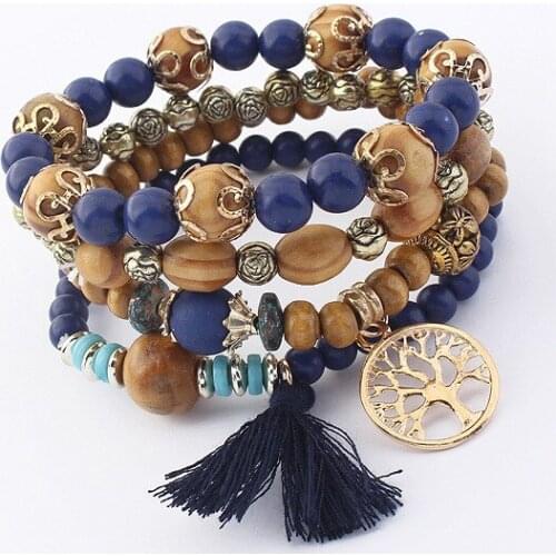 Europe America Retro Wooden Beaded Multilayer Bracelets Fashion Geometric Hollow Trees Cotton Tassel Bracelet Jewelry For Women