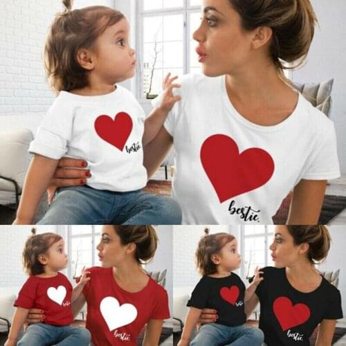 4 Colors Family Matching Outfits Mother and Daughter T-shirt Heart Printed Short Sleeve Casual Clothes