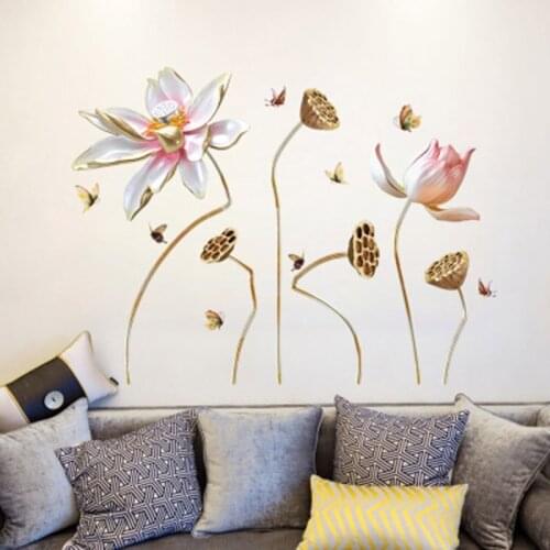 Chinese Element Lotus Flowers Seeds Flying Butterfly Wall Stickers Sofa Background Wall Mural Poster Art Home Decor Wallpaper