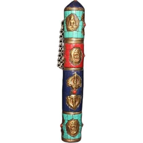 Chinese old Beijing old goods collection Nepal return copper inlaid turquoise coral green gold incense tube
