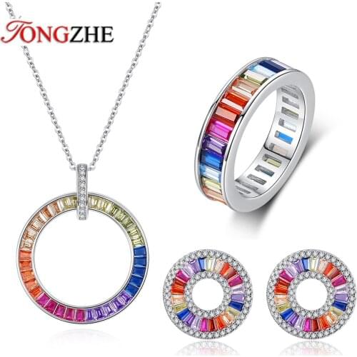 Tongzhe Initials Rainbow CZ 925 Sterling Silver Rings Pendant Geometric Circle Earrings Chain For Women Jewelry Set