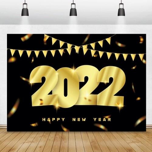 Laeacco 2022 Happy New Year Party Poster Banner Gold Buntings Customized Photo Backdrop Photography Background Photo Studio