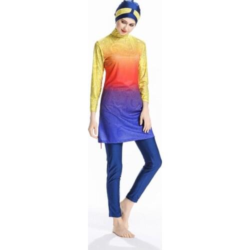 Maillot De Bain Femme Muslims 2019 Modest Plus Size Muslim Swimwear Swimsuit Print Gradient Color Womens Swimsuit Three Piece