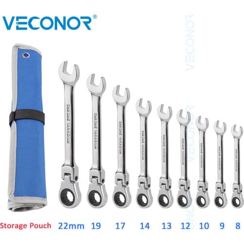 Ratchet Wrench Spanner Set 9PCS Flexible Head Combination Key Wrench Set 8-22mm With Free Storage Pouch Repair Tools