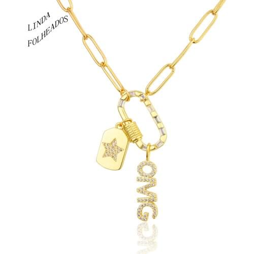 New Fashion Design Square Carabiner Series Pendant Necklace High Quality Copper Zircon Pendant Letter Jewelry For Male Female