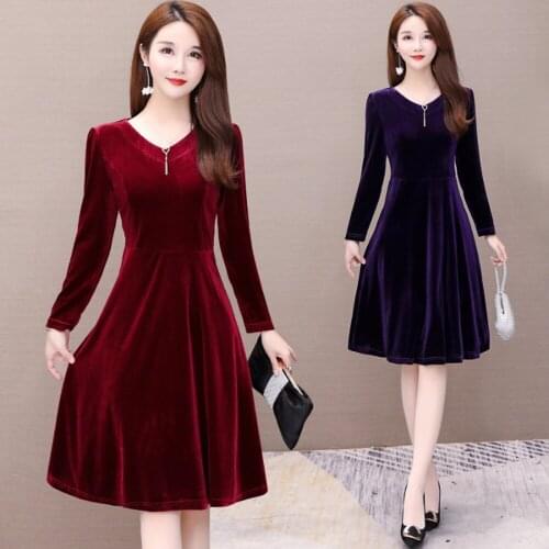 New Velvet Dresses for Women 2019 Spring Autumn Vintage V-neck Long Sleeved Purple Wine Red Pleated Velour Party Dresses