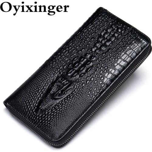 OYIXINGER Mens Wallet Male Genuine Leather Crocodile Clutch Fashion Business Long Purse For Men New Casual Embossed Card Holder