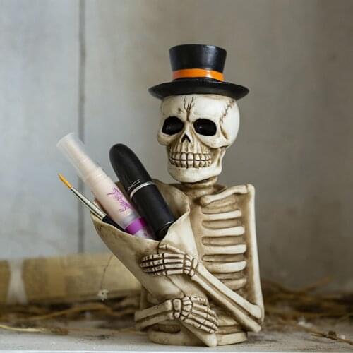 Retro Skull Pen Pencil Makeup Brush Holder Multi-function Desktop Stationery Organzier Skeleton Office School Storage Case Craft