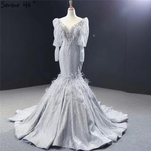 Dubai Grey Luxury Long Sleeve Prom Dresses V-Neck Feathers Beading Glitter Prom Gowns 2020 Serene Hill HM66952
