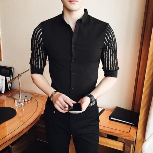 High Quality Luxury Social Lace hollow Men Casual Shirts Half Sleeve Shirt Slim Fit Male Casual Business Men Dress Shirt