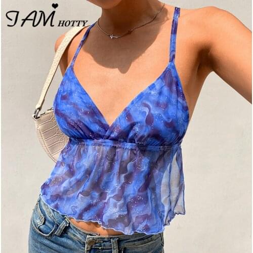 Sexy Vintage Ripples Printed Mesh Crop Top Women y2k Harajuku Hollow Out Lace-up Strap Beach Clubwear Vest Outfit 2021 Iamhotty