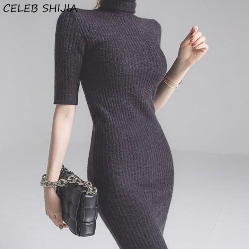 Chic Split Knitting Dress Woman Fall Slim Waist Turtleneck Neck Gray Sexy Knit Dress Woman Autumn Warm Business Knitwear Winter