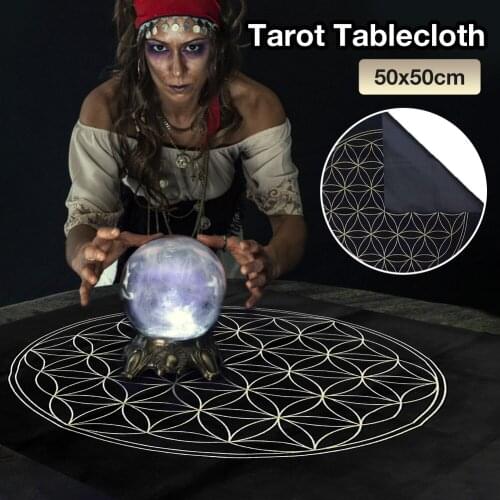Tarot Card Tablecloth The Flower Of Life Crystal Lattice Pendulum Magic Pentacle Runes Tarot Altar Table Cloth Flannel 50X50cm