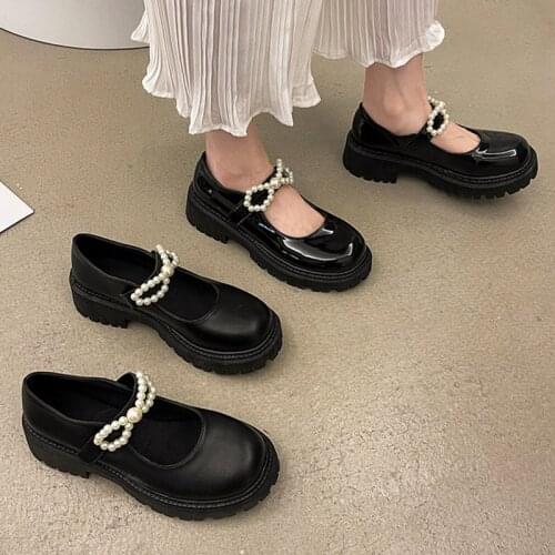 Women Oxford Shoes Bow Pearls Mary Janes Shoes Patent Leather Platform Shoes Square Heeled Thick Sole Lolita Shoes Black 9242G