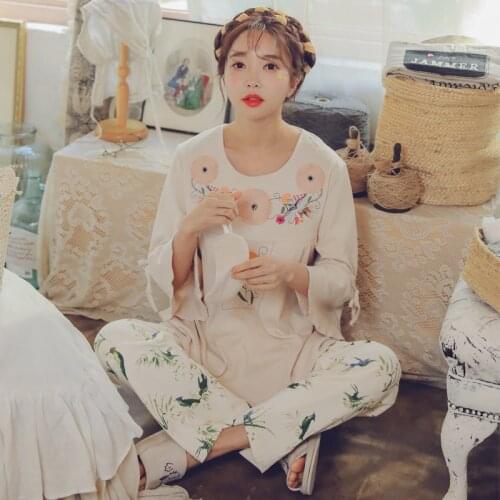 Spring Maternity Cotton Pajamas Suit Long Sleeve Embroidery Pyjamas Breastfeeding Nursing Sleepwear Set Loose Lactation Pajamas