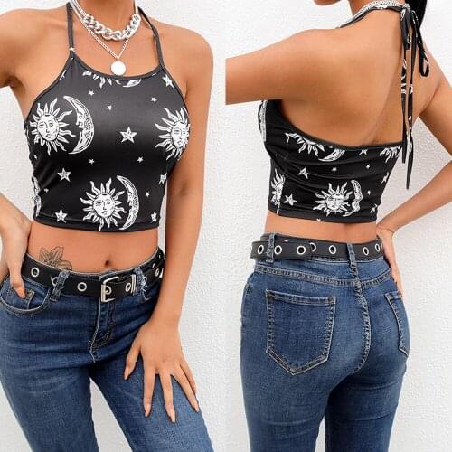 Womens Tank Top Vest Summer Casual Halter Hip Moon Print Bare Midriff Slim fit Sleeveless Crop Tops for Ladies