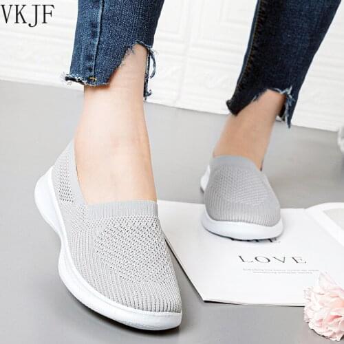Women Flats Mesh Sock Shoes 2021 Female Solid Color Slip on Light Comfortable Breathable Casual Sneakers Black Gray Pink