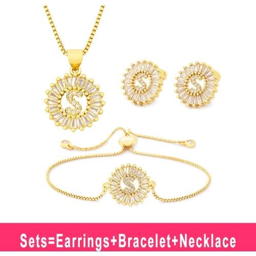 Top Quality Women Girls Initial A-Z Letter Pendant Necklace+Earrings+Bracelet Crystal CZ Jewelry Sets For Friends Family Gift