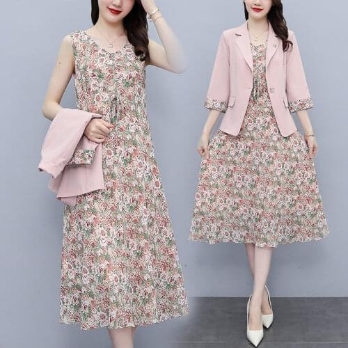 2021 Spring Autumn Womens French Style Niche Floral Sling Dress And Suit Jacket Two-piece Suit M-4XL e248