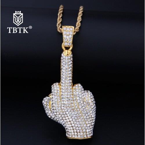 TBTK Western Street Style HipHop Necklace Erect Middle Finger Shape Pendant Gold Rock Man Cool Girl Jewelry Paved Full of Zircon