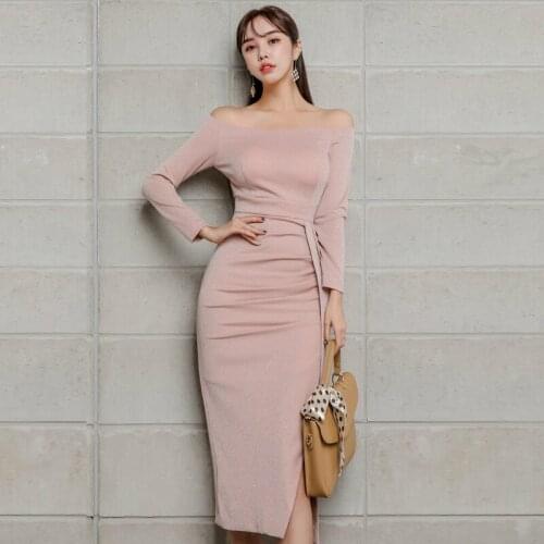 Big Size Slash Neck Sexy Party Dress Women Long Sleeve Sheath Bodycon Pink Dress Women Solid Evening Dinner Dresses for Women