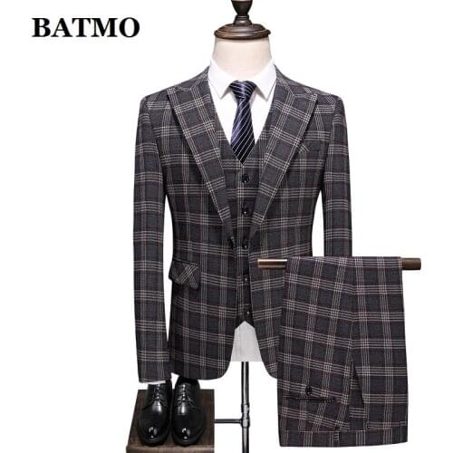 BATMO 2021 new arrival spring plaid casual suits men,mens wedding dress,jackets+pants+vest,6723