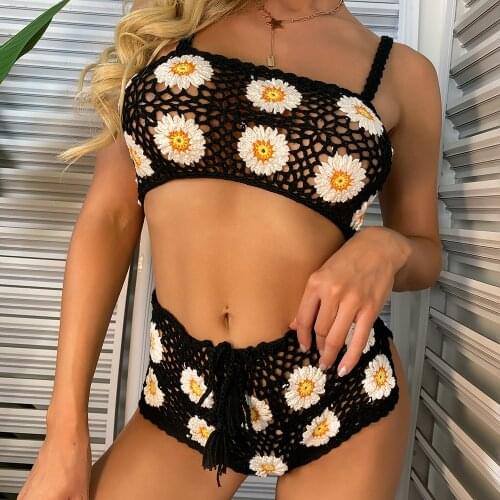Bohemia Women Sexy Summer Knitted Crochet Camisole Daisy Flower Bikinis Set Bathing Suit Biquini Beach Swimwear