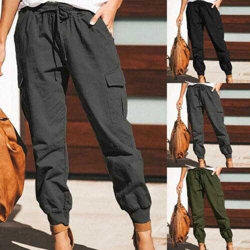 Girls Summer Pants Cotton Cargo Pants Solid Color Drawstring Women Multi Pockets Ankle Tied Trousers for Work Sweatpants