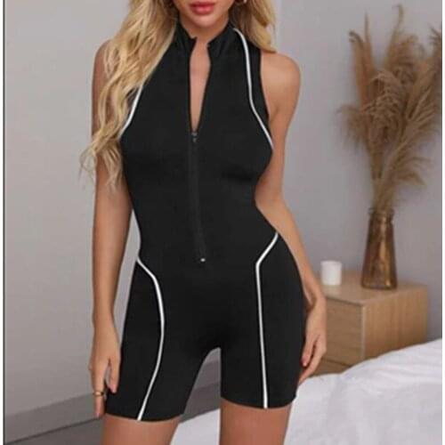 Rompers Agent Black Stitching Line Reflective Zipper Sleeveless Skinny Bag Hip Sleeveless Zipper Adjustment Vneck Lady Playsuits