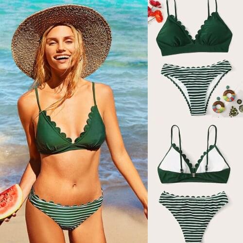 Scalloped Trim Halter Bikini Set 2020 Two Pieces Micro Print Stripe Swimwear Women Push Up Bather Biquini Bathing Suit