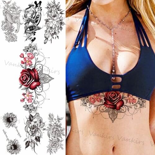 Red Rose Underboob Temporary Tattoos For Women Girls Realistic Eyes Daisy Snake Fake Tattoo Sticker Chest Arm Waterproof Tatoos