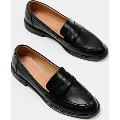 Genuine Cow Leather Loafers For Women Shoes Penny Shoes For Round Toe Oxford Shoes Women Retro Big Size Casual Shoes