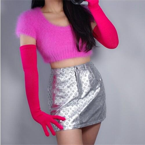 Fashion Long Wool Gloves 55cm Knitting Five Fingers High Elasticity Wool Women Rose Red S00235-9