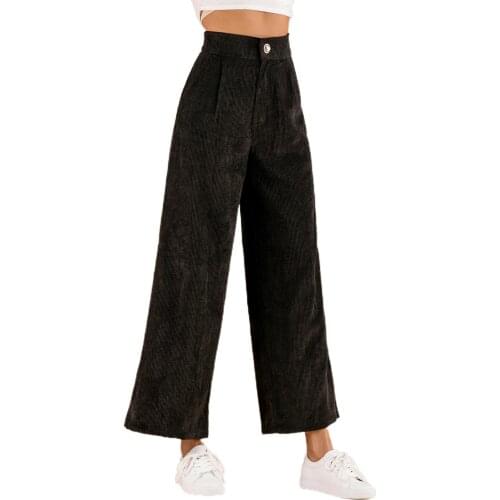 Fashion Women Winter Wide Leg High Waist Solid Slant Pocket Corduroy Long Pants