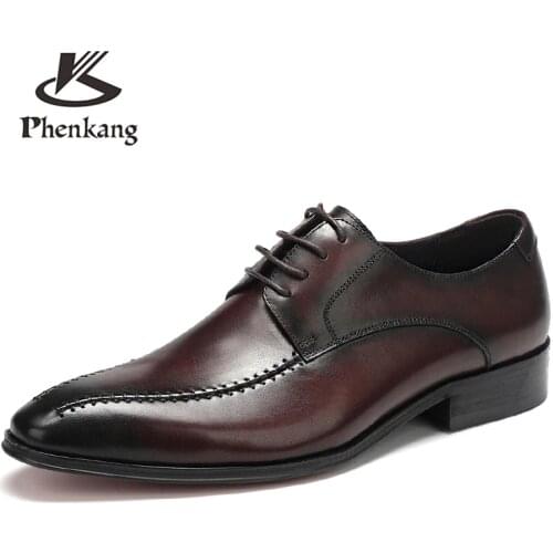 Men leather shoes business dress suit shoes men brand Bullock genuine leather black lace up wedding mens shoes Phenkang 2020
