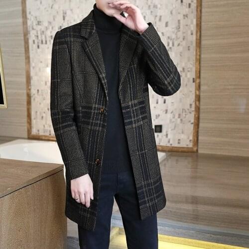 2021 autumn winter new mens luxury brand fashion business casual wool coat men slim plaid mid-length woolen trench coat jacket