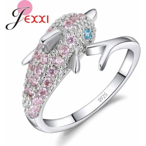 New Finding Cute Dolphin Silver Ring Micro Inlay Colorful Crystal Authentic 925 Sterling Silver Engagement Bijoux