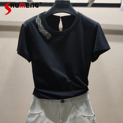 2021 New Simple Womens Summer Beaded Rhinestone Black Shirts Causal O Neck Short Sleeve T-shirts Aesthetic Tees Clothes Ladies