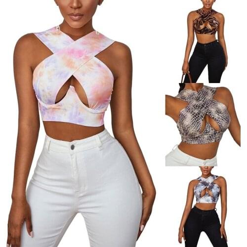 New Sexy Woman Clubwear Clothes Sleeveless Cross Hole Print Halter Tank Tops Tee Summer Clothes