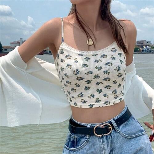 New 2021 Summer Slim Fit Halter Vest Straps Cropped Tops Women Floral Printed Camisole Short Flower Print Sexy Camis Female